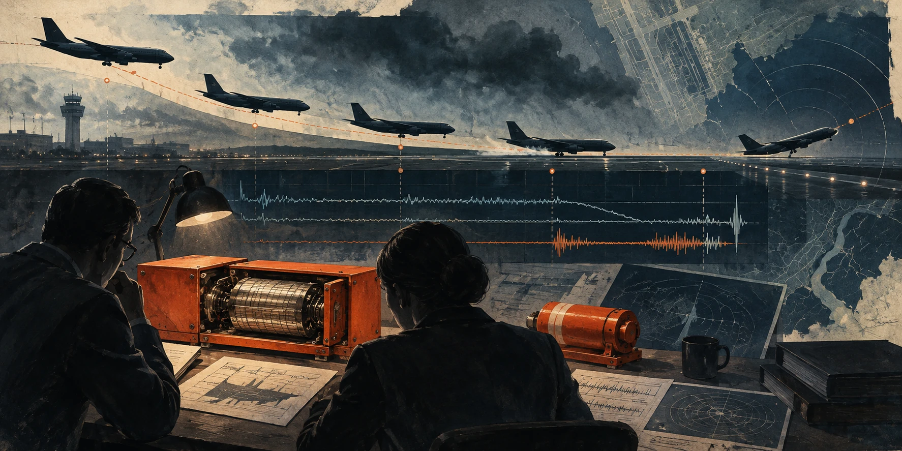 Editorial illustration of aviation investigators examining flight recorder data and a cargo jet landing sequence