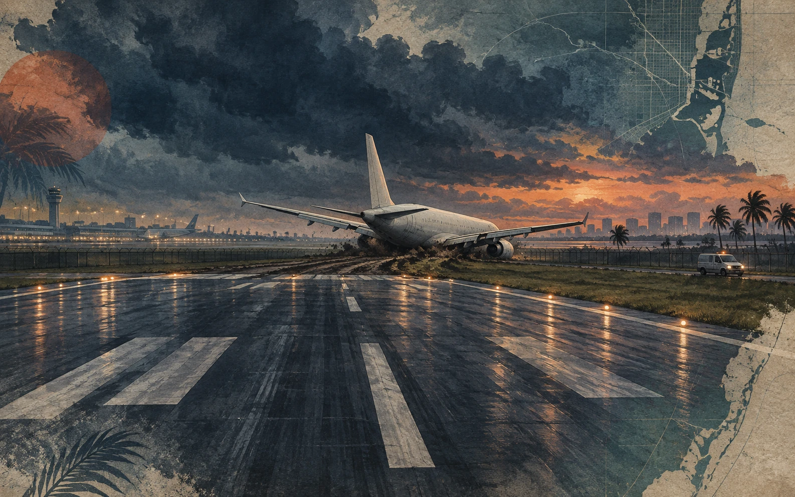 Editorial illustration of a cargo jet resting beyond a rain-soaked Miami airport runway