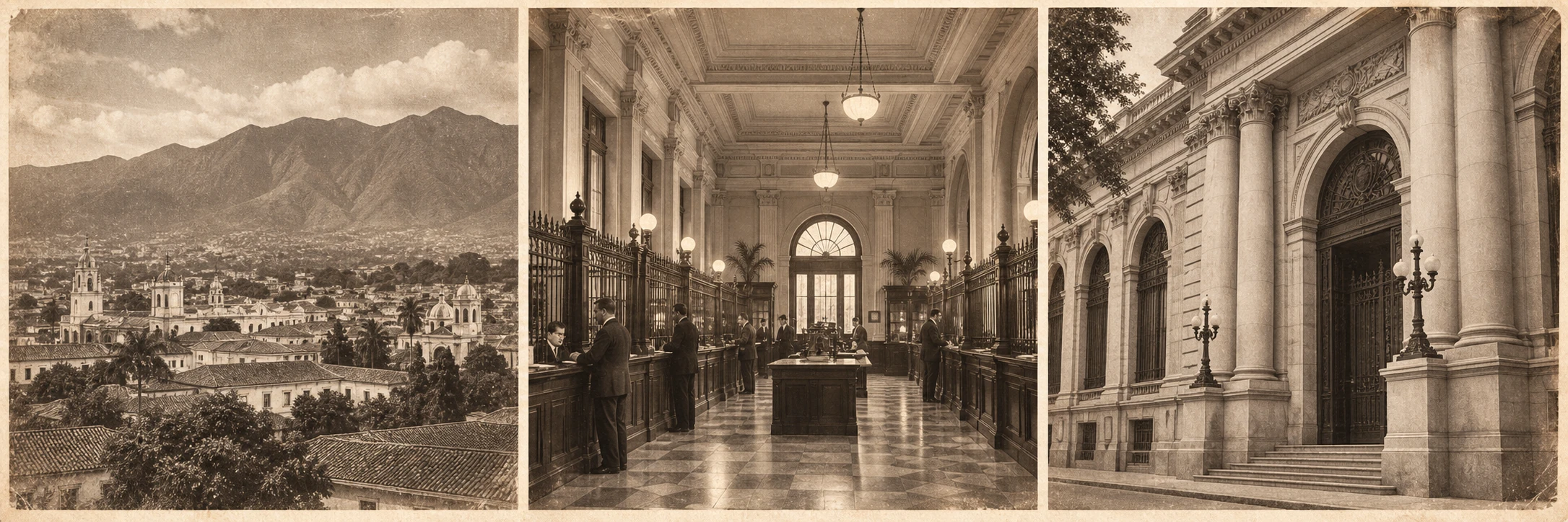 Three sepia editorial reconstructions showing early Caracas, a historic banking hall, and neoclassical banking architecture