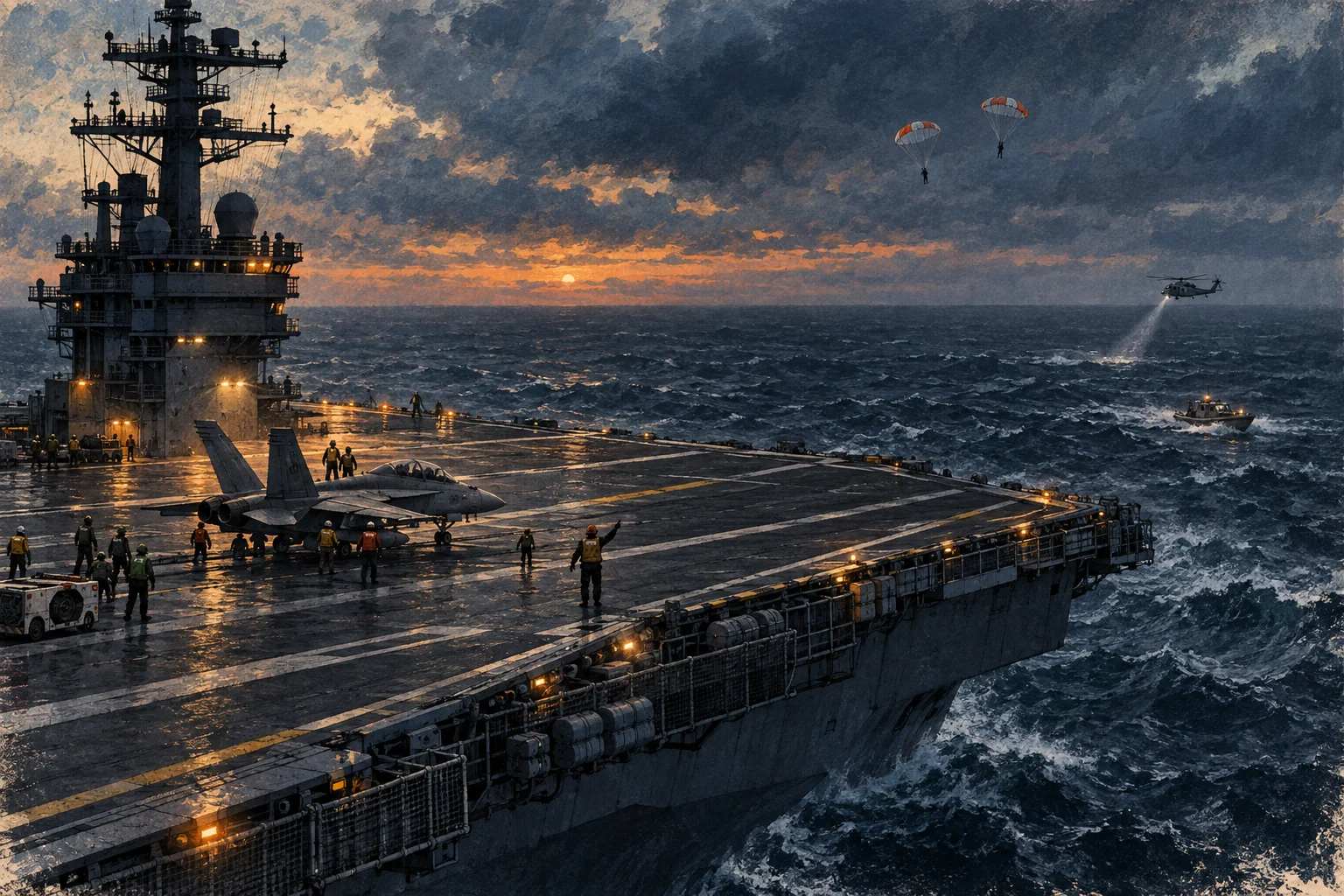 Conceptual editorial illustration of a Navy aircraft carrier flight deck during aircraft recovery operations at sea