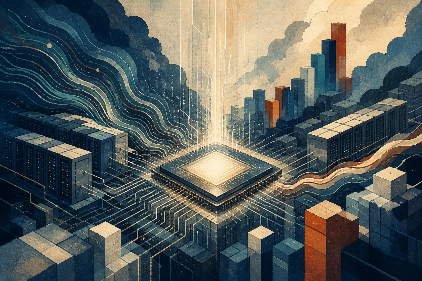 Editorial illustration accompanying Washington Pushes a Light-Touch AI Framework at the G20
