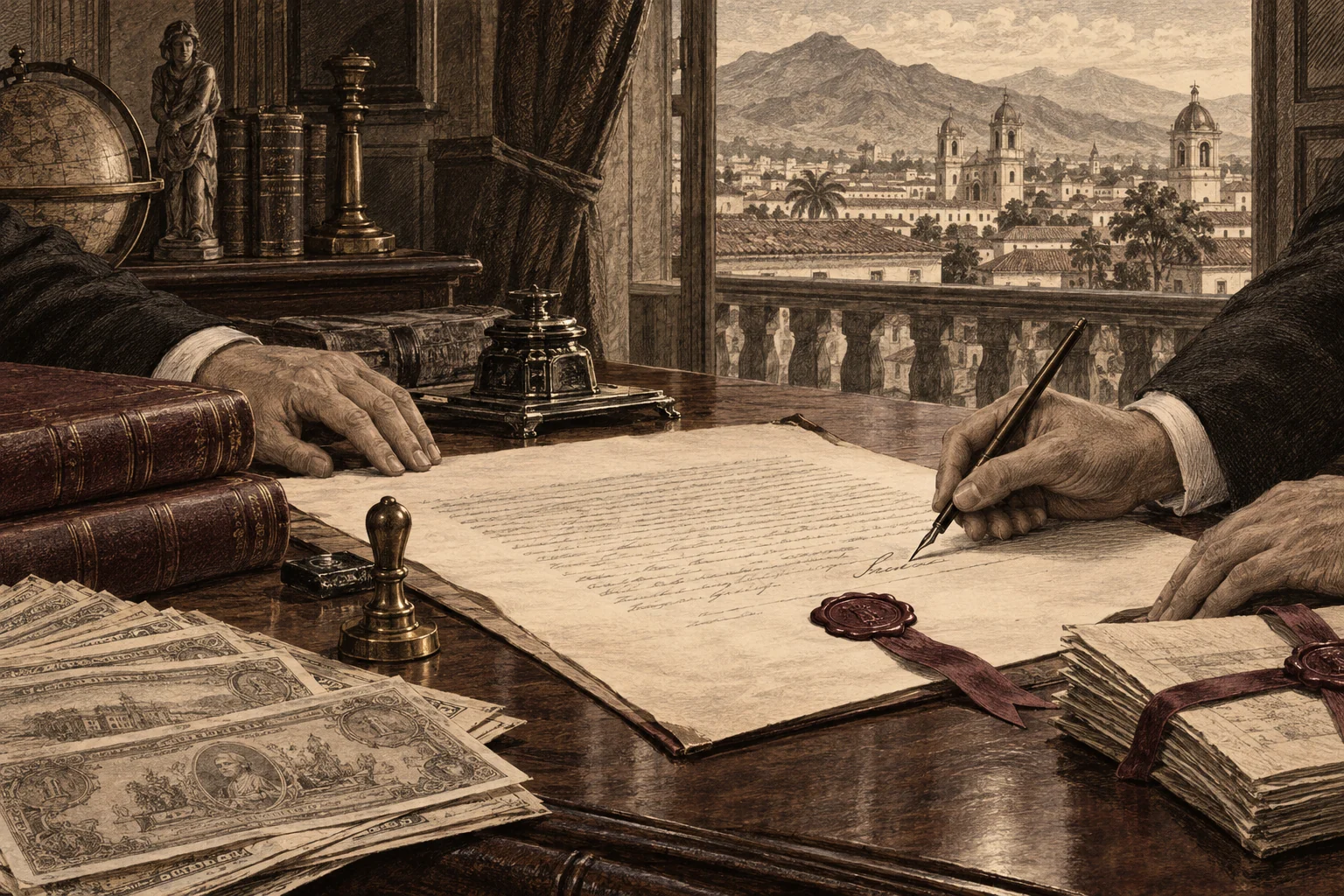 Editorial illustration for 23 August 1890: the incorporation of Banco Caracas