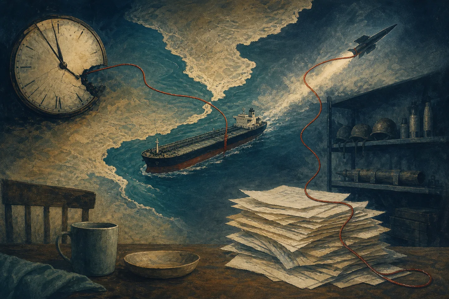 Editorial illustration accompanying U.S. and Iran Trade Strikes as Regional Risks Rise Again
