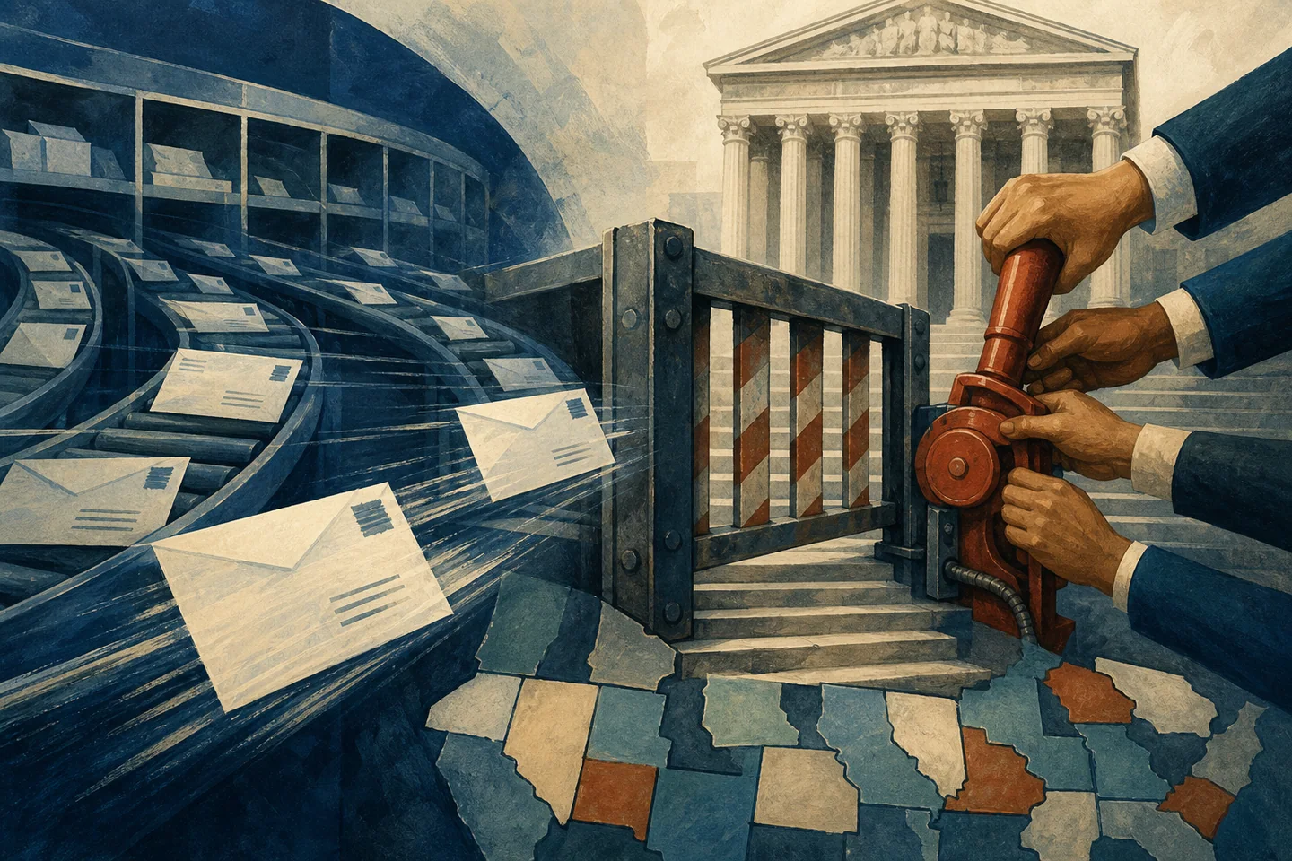 Editorial illustration accompanying Postal Service Whistleblower Questions Ballot-Screening Work