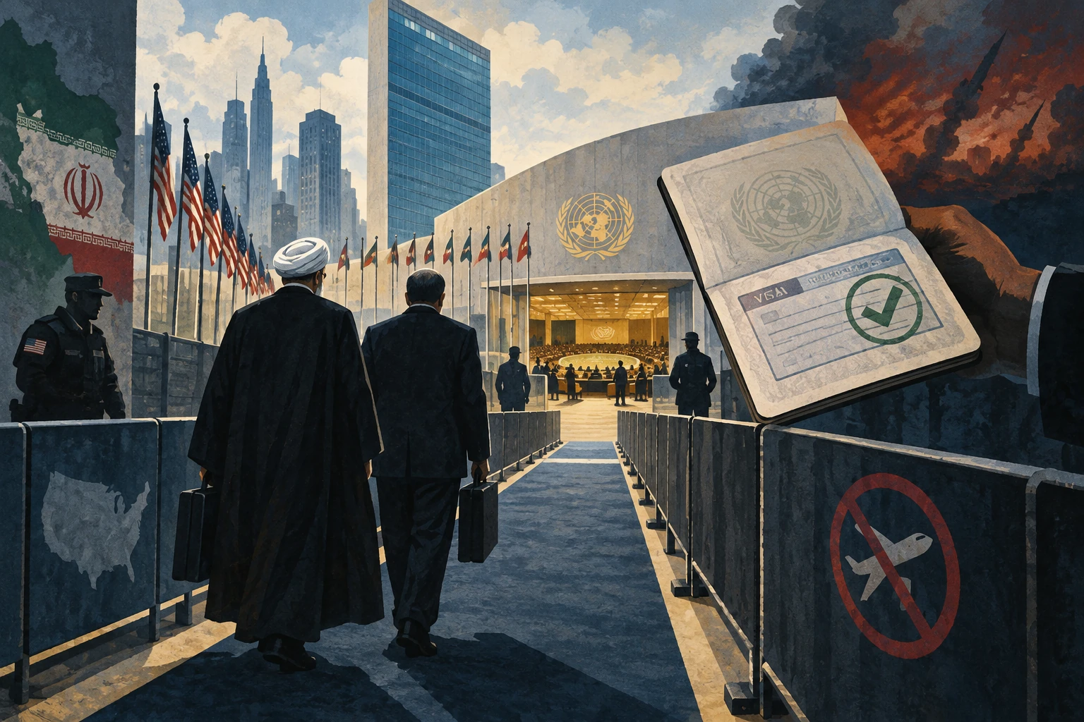 Editorial illustration of an Iranian diplomatic delegation approaching the United Nations through a restricted corridor with an approved visa