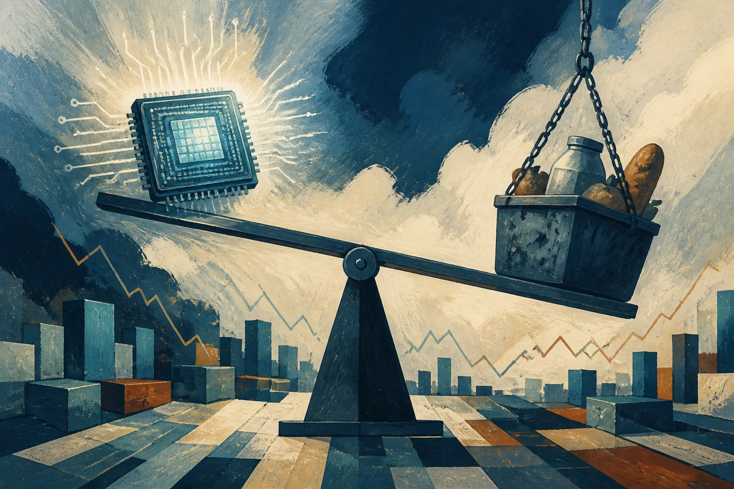 Editorial illustration accompanying Wall Street Gains as Technology Shares Offset Oil Anxiety